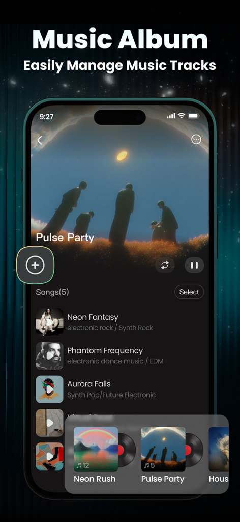 Sonus AI Song Music Generator - Interface of the Sonus AI app showing a music album and a list of generated songs.
