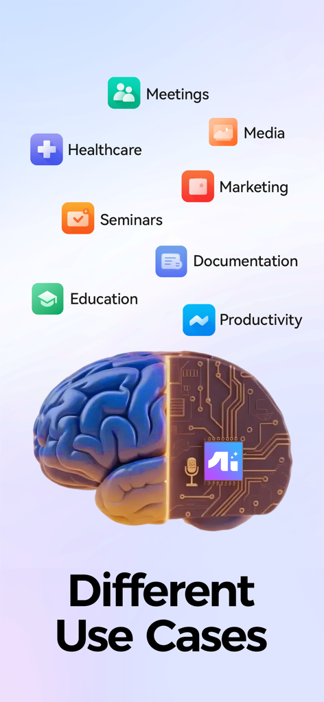 AIgo: AI Meeting Note Taker - Infográfico mostrando casos de uso do aplicativo AIgo para reuniões, saúde, educação e produtividade com uma ilustração de cérebro digital.
