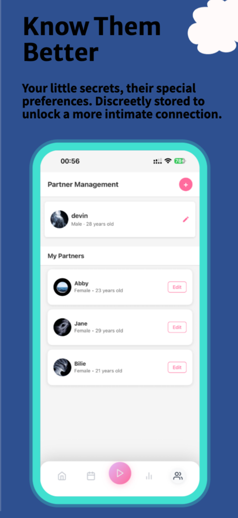 IntiMates: Sex Tracker - Captura de pantalla de la aplicación IntiMates que muestra una lista de perfiles de pareja con nombres, edades y géneros en una sección de gestión de pareja.