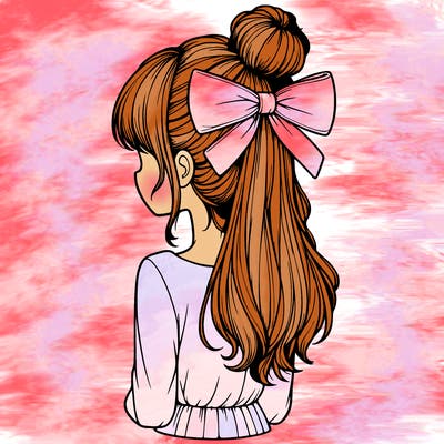 realistic girl  with hip length hair a bun and a big bow on the back of head