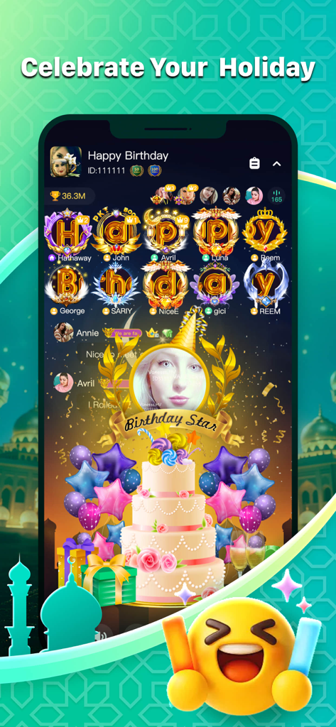 StarLite-Party&Games - StarLite app interface showing a virtual birthday party with a large cake and decorated avatars