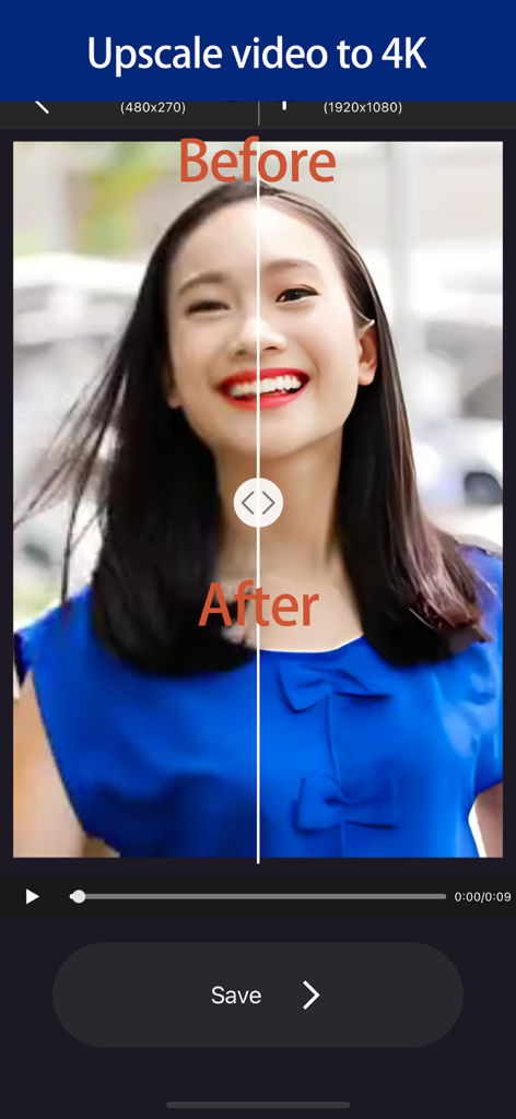 Video Upscale-4K UHD Upscaler - A side by side comparison showing a blurry video being upscaled to a sharp high definition 4K resolution
