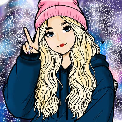 a teenage girl in a beanie, oversized sweatshirt, wavy long hair, and is showing a ✌️