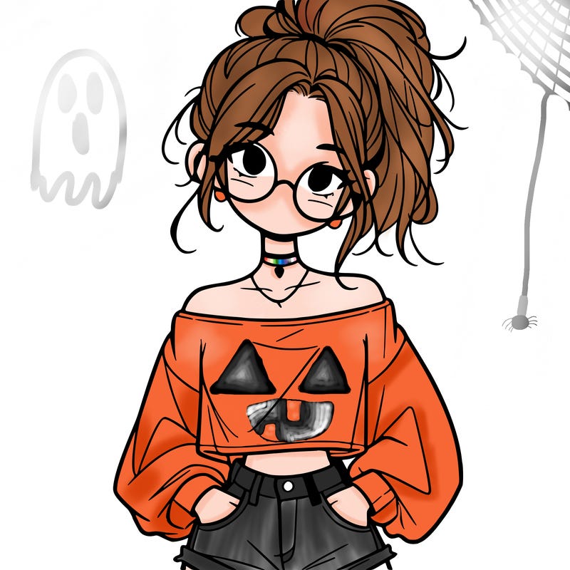 girl with a messy ponytail glasses a baggy crop top and jean shorts