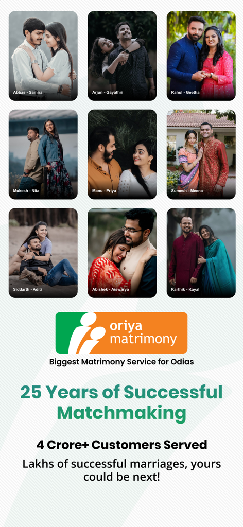 A grid of happy couples and text celebrating 25 years of successful matchmaking on Oriya Matrimony