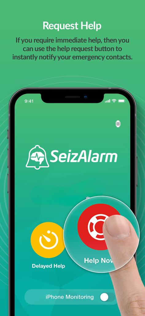A finger pressing the red Help Now button on the SeizAlarm app interface for immediate emergency notification.