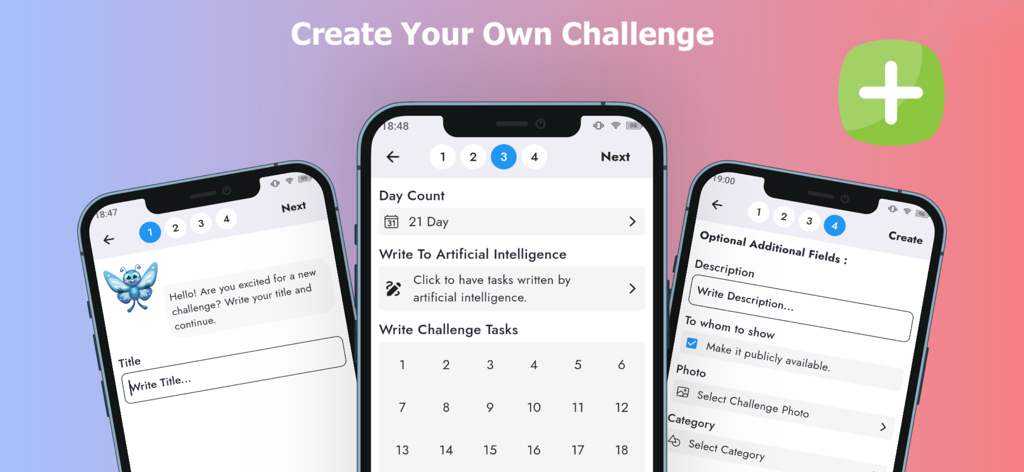 개인화된 21일 챌린지를 만드는 단계를 보여주는 Wipepp 습관 추적기 모바일 인터페이스