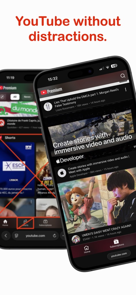No Shorts: Blocker for YouTube - Two iPhones showing the No Shorts extension blocking the shorts section on YouTube in the Safari browser for a distraction-free experience.