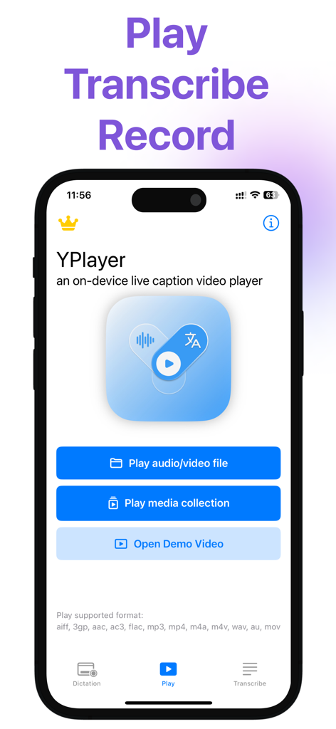 YPlayer app home screen for on-device live captioning and video transcription.