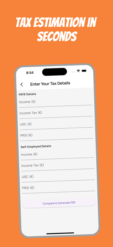 Mobile app interface for entering PAYE and self-employed tax details including income, USC, and PRSI.