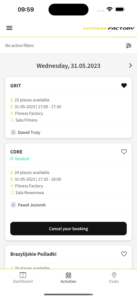 Fitness Factory - フィットネスファクトリーアプリのインターフェース、クラス予約とキャンセルオプションが表示されているジムクラスのスケジュール