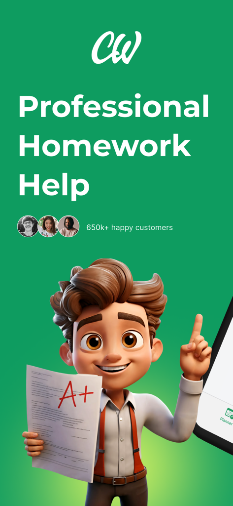 College Essay Writing Help - Ein 3D-Cartoon-Student, der ein A+-Papier neben dem Text „Professionelle Hausaufgabenhilfe“ hält.