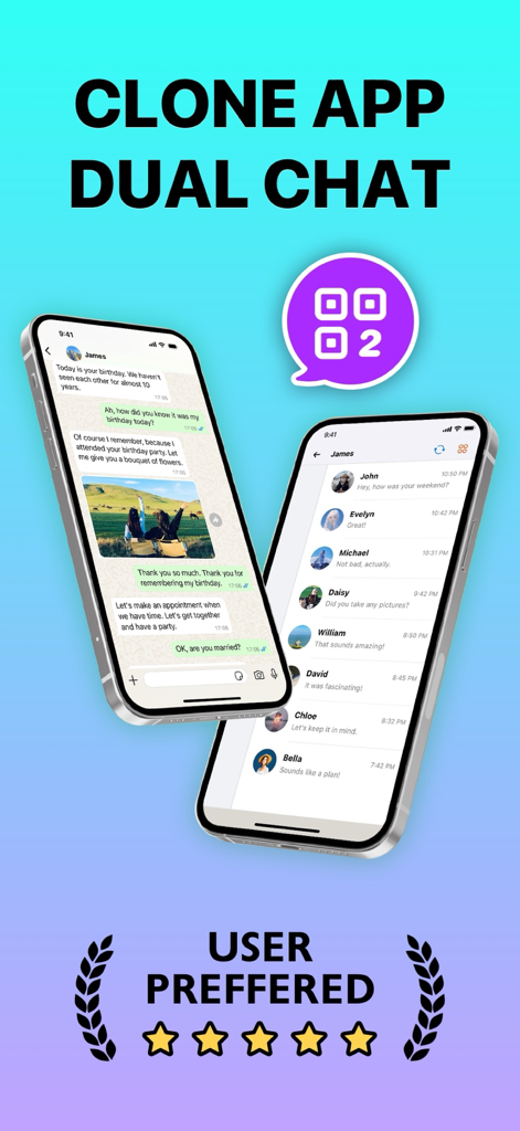 Dual Messenger, Whats Web Chat - Dual Messenger app interface showing multiple chat accounts on iPhone