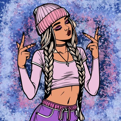 realistic teenage girl with braids and a beanie and crop top doing 🫶🏼