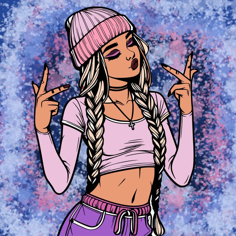 realistic teenage girl with braids and a beanie and crop top doing 🫶🏼