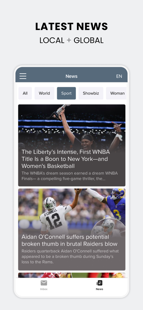 inbox.lt - Latest local and global news feed within the inbox.lt mobile app featuring sports and world categories