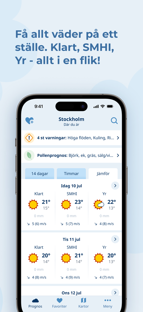 Klart - Väder - Klart app interface comparing weather forecasts from SMHI Yr and Klart sources