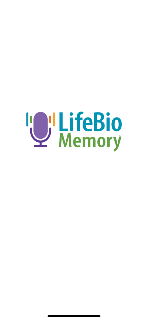 LifeBio Memory app logo featuring a purple microphone icon and colorful text on a white background
