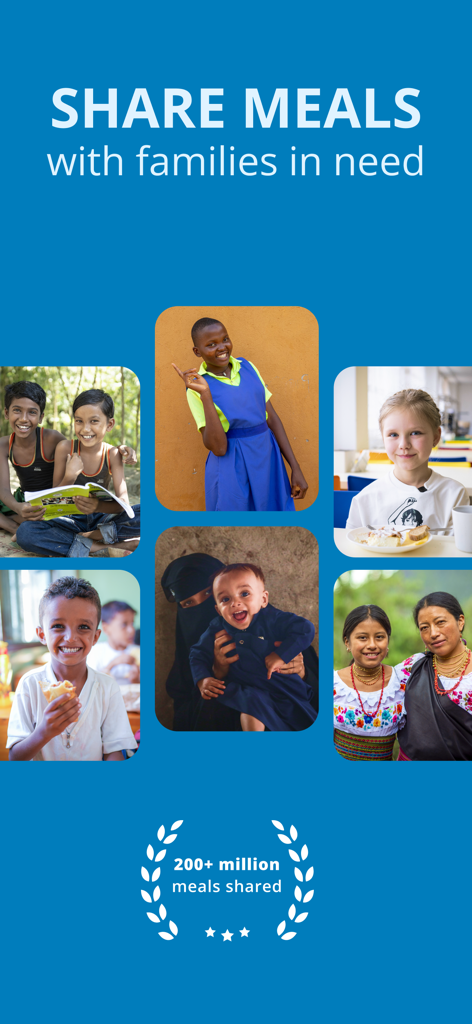 ShareTheMeal: Charity Donate - ShareTheMeal app promotion showing diverse children and families with 200 million meals shared achievement