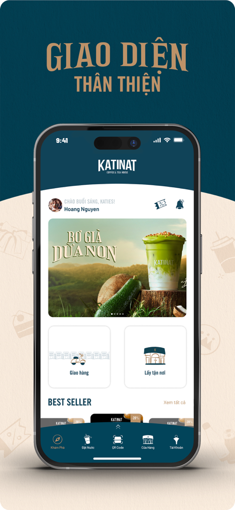  KATINAT Kaffee- und Tee-Mobil-App-Startbildschirm mit Liefer- und Abholoptionen