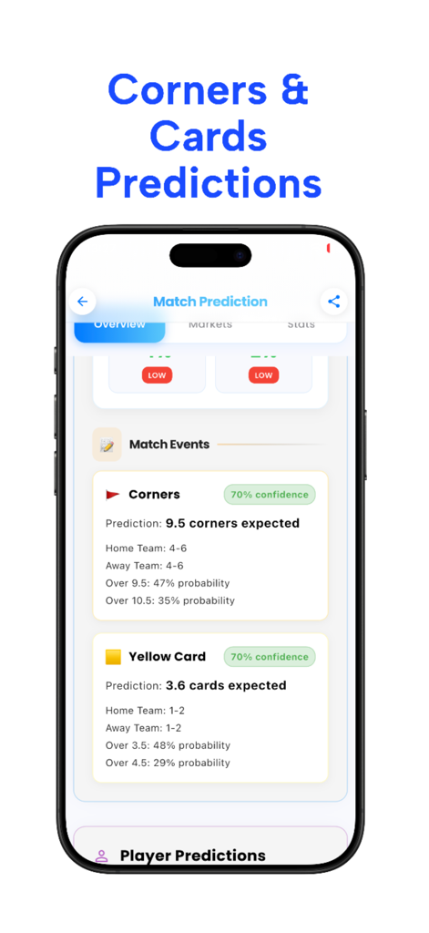 Predictify: Soccer AI - Predictify app interface displaying AI powered soccer predictions for corners and yellow cards with confidence scores