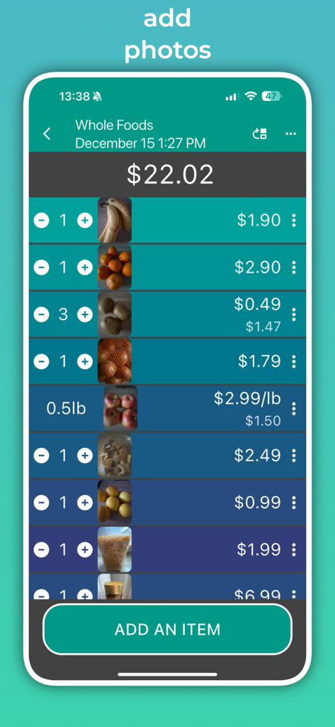 Shopping Calculator. - Pantalla de la aplicación Calculadora de Compras que muestra una lista de comestibles con fotos de artículos y gasto total