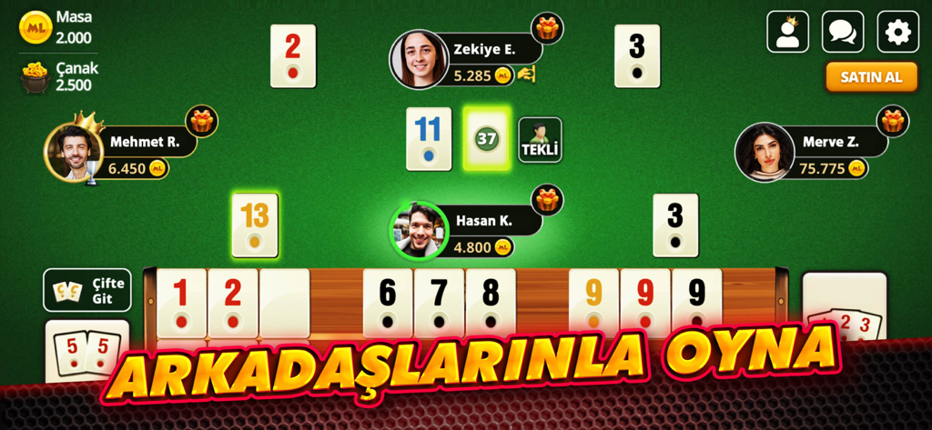 Çanak Okey - Mynet Oyun - A digital Çanak Okey game table featuring four real players with avatars and tile racks