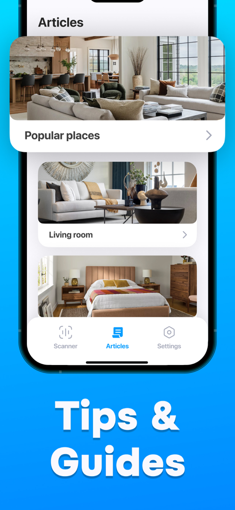 Interface of the SpySense app showing articles and guides for detecting hidden cameras in various rooms