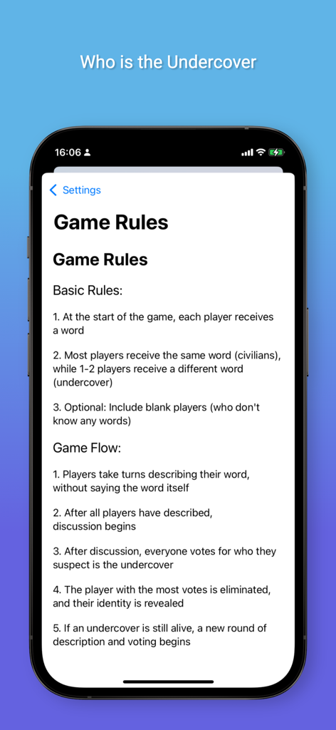 Who is Undercover--Party Game - Game rules and instructions screen for the Who is Undercover party game app