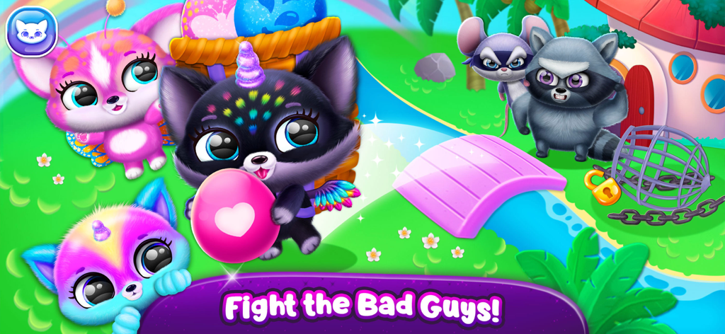 Fluvsies Pocket World - Cute Fluvsies pets guarding a pink egg from raccoon and mouse villains in a colorful world