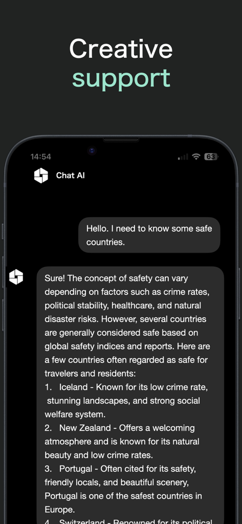 Uncensored AI mobile app interface showing a chat conversation about safe travel destinations