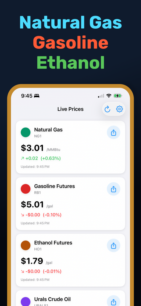 Oil Prices Live - Real time price tracking for natural gas and fuel futures on the Oil Prices Live app