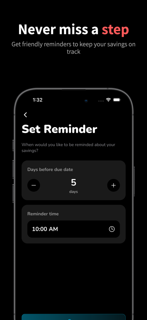 Saving Together - Interfaz de la aplicación Juntos Ahorrando que muestra opciones para configurar recordatorios de ahorro diarios.