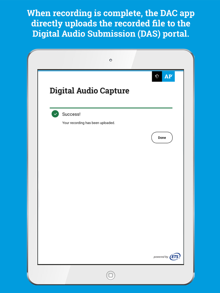 DAC App - The DAC App success screen showing a confirmation that the audio recording has been uploaded to the DAS portal