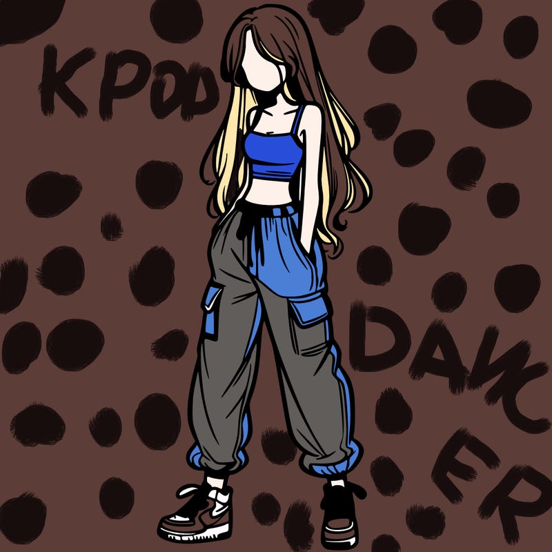 girl in baggy pants crop top and long hair