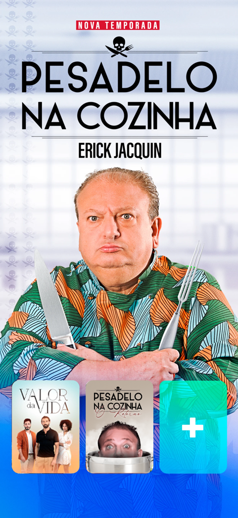 Koch Erick Jacquin mit Küchenutensilien auf einem Werbeplakat für die Sendung Pesadelo na Cozinha auf der Bandplay-App.