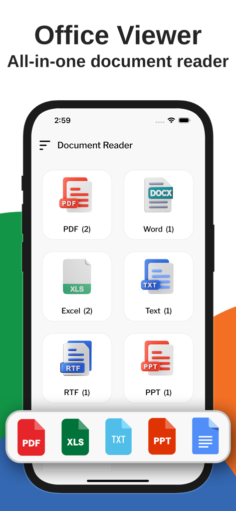 All Document Reader PDF Reader - Interface of the All Document Reader app showing file categories for PDF, Word, Excel, Text, RTF, and PPT formats.