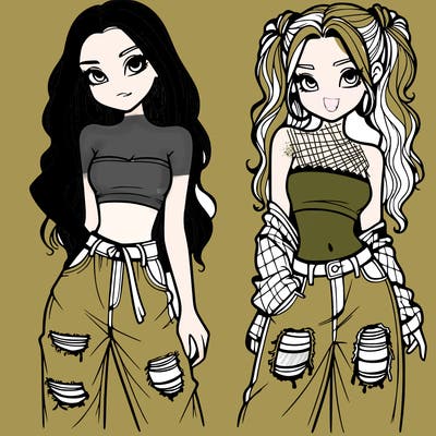 2 girls in crop tops and baggy jeans ripped