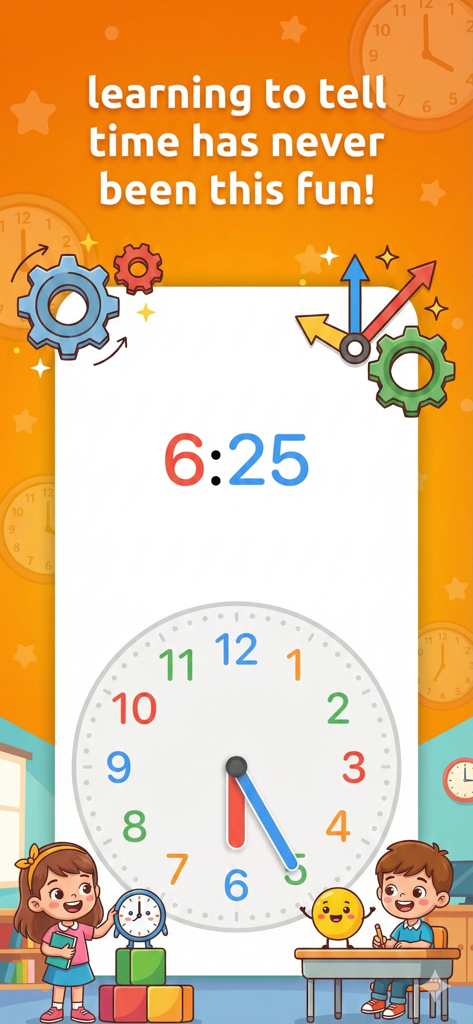 Telling Time For Kids App - Educational app interface for kids learning to tell time with an interactive clock