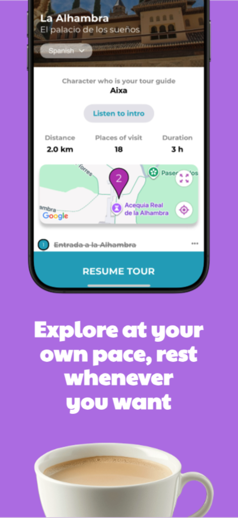 Alhambra Audioguide & Tours - Schermata dell'app Alhambra Audioguide che mostra una mappa del tour e il testo Esplora al tuo ritmo