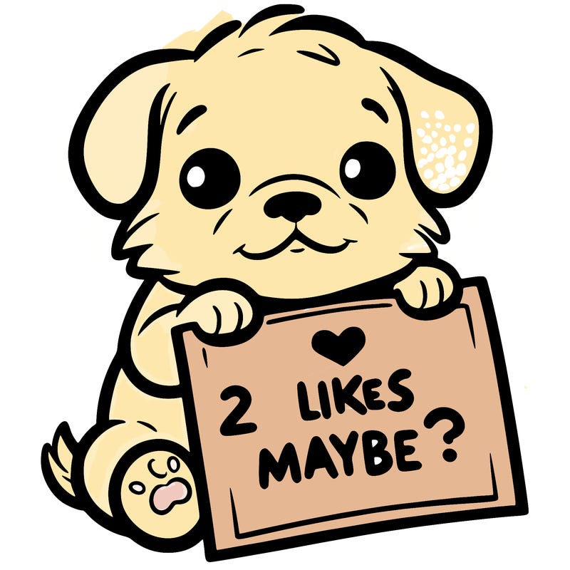 a puppy holding a sign that says 2 likes maybe?