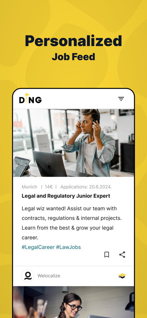 DING Jobs - Student Jobs - Interface do aplicativo DING Jobs exibindo um feed rolável personalizado de vagas de emprego para estudantes.