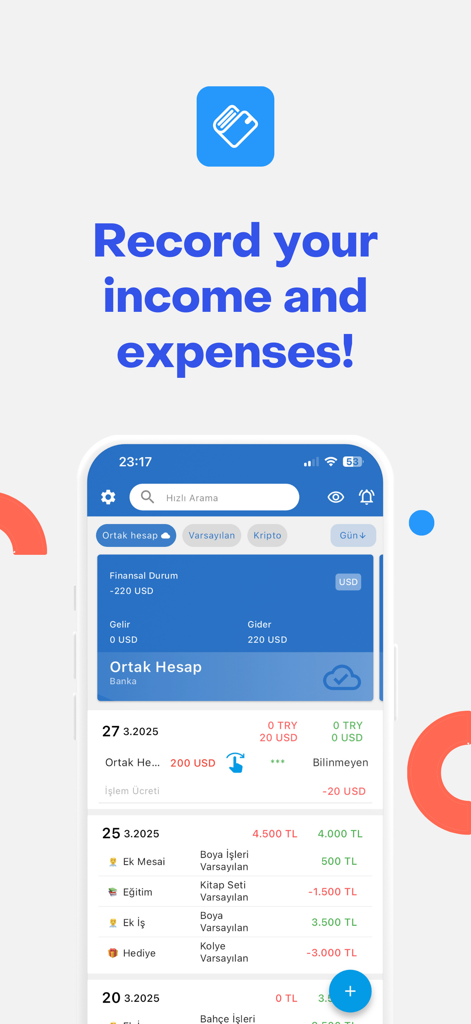 A mobile phone screen displaying daily income and expense tracking with financial accounts and transaction history