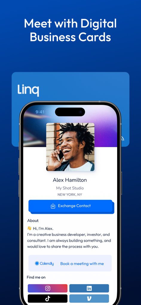 Smartphone screen showing a digital business card on the Linq app with profile details and social links