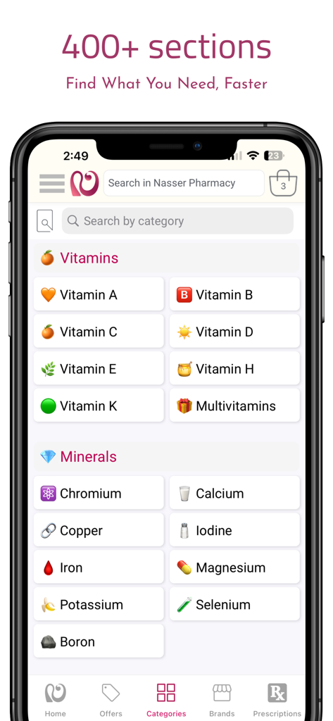Nasser Pharmacy - Nasser Pharmacy app categories page showing vitamin and mineral lists