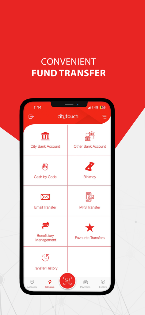Citytouch - Citytouch mobile app screen displaying fund transfer options including bank transfers and MFS