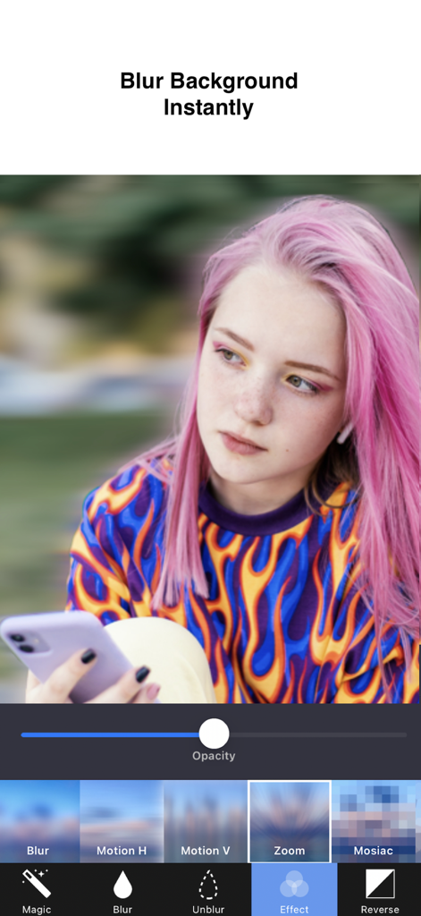 Blur Photo Background - Benutzeroberfläche der App "Hintergrund weichzeichnen", die das Porträt einer Frau mit rosa Haaren und verschiedenen Bearbeitungseffekten zeigt