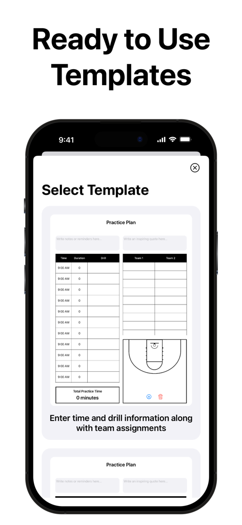 PracticePlanner - Coach Plan - Mobile app interface showing ready to use coaching practice plan templates with drill schedules and court diagrams