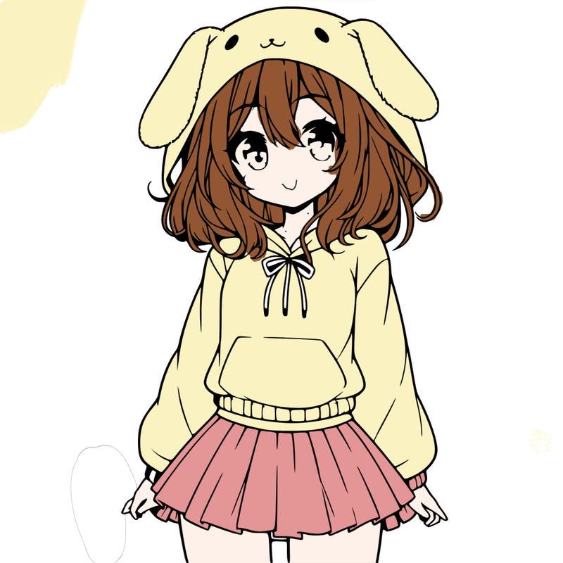 pretty anime girl wearing a fluffy hoodie with bunny ears on the hood and a skirt