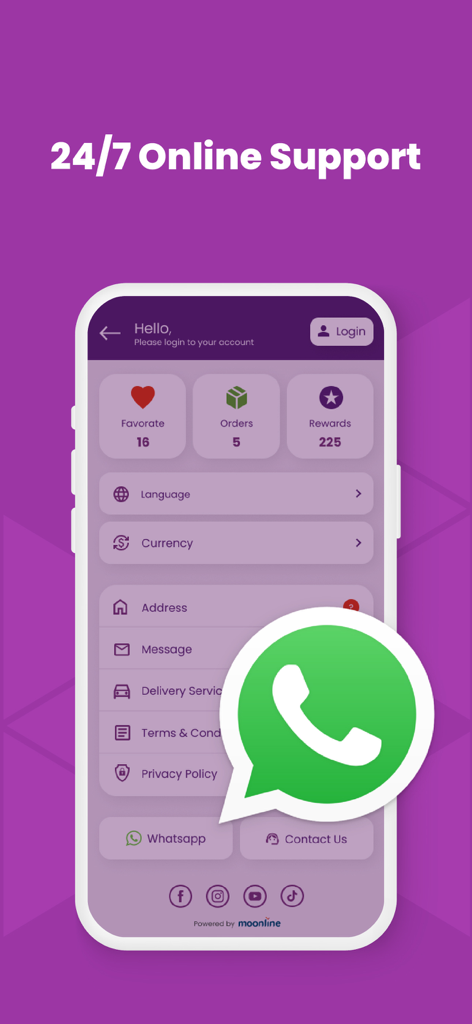Bazzaar - Bazzaar app interface showing 24/7 online support and WhatsApp contact options.